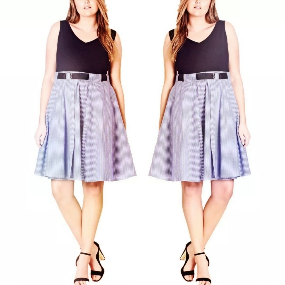S City Chic Plus Size Stripe Dress Blue Belted